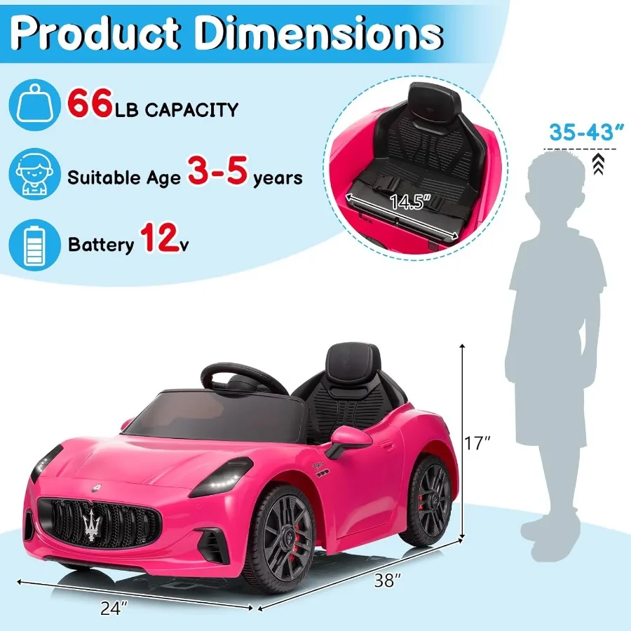Carro de passeio de 12V, carro elétrico Maserati licenciado para crianças com controle remoto, carro de bateria para crianças com Bluetooth, 3 velocidades, LE