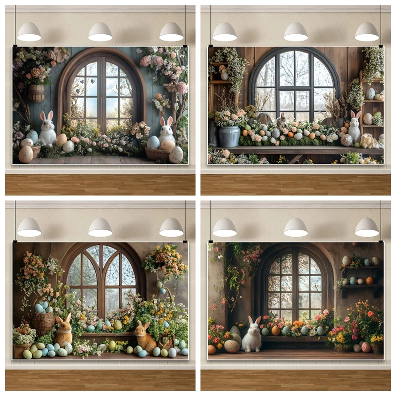 ربيع عيد الفصح حزب التصوير خلفية ملونة البيض أرنب نافذة مقوسة زهرة باقة الداخلية حزب خلفية استوديو الصور