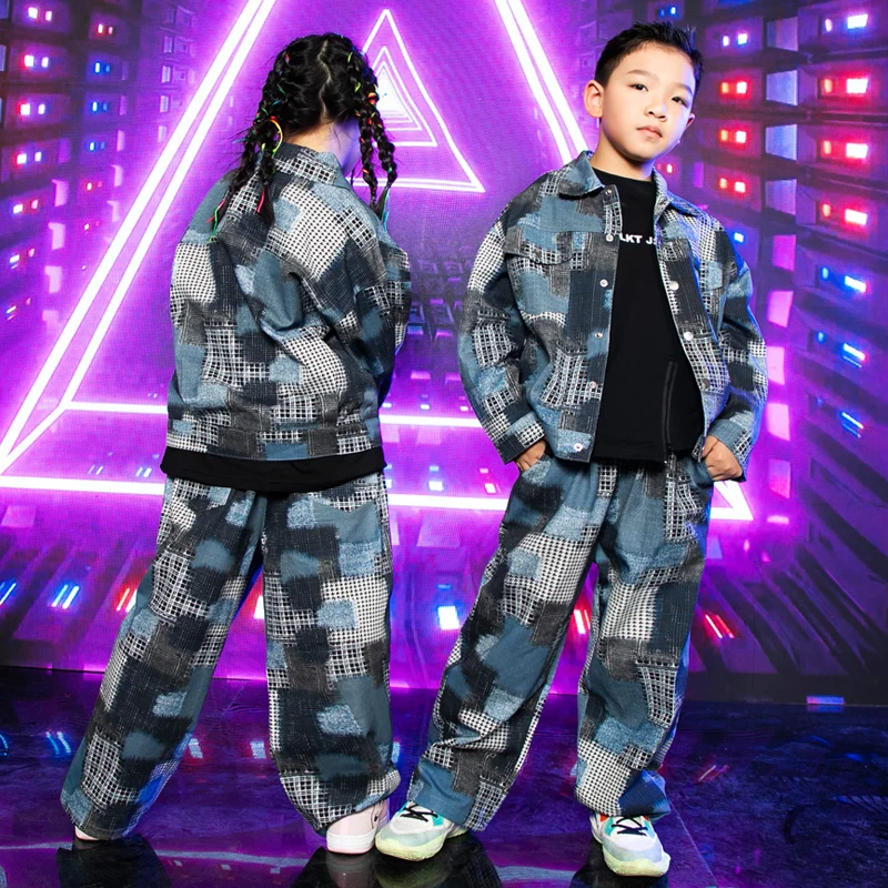 2022 Fashion Kids Street Wear Hip Hop Dance Costume Girls Jazz Performance Clothing Boys Drum Concert Outfit Denim Suit BL9645