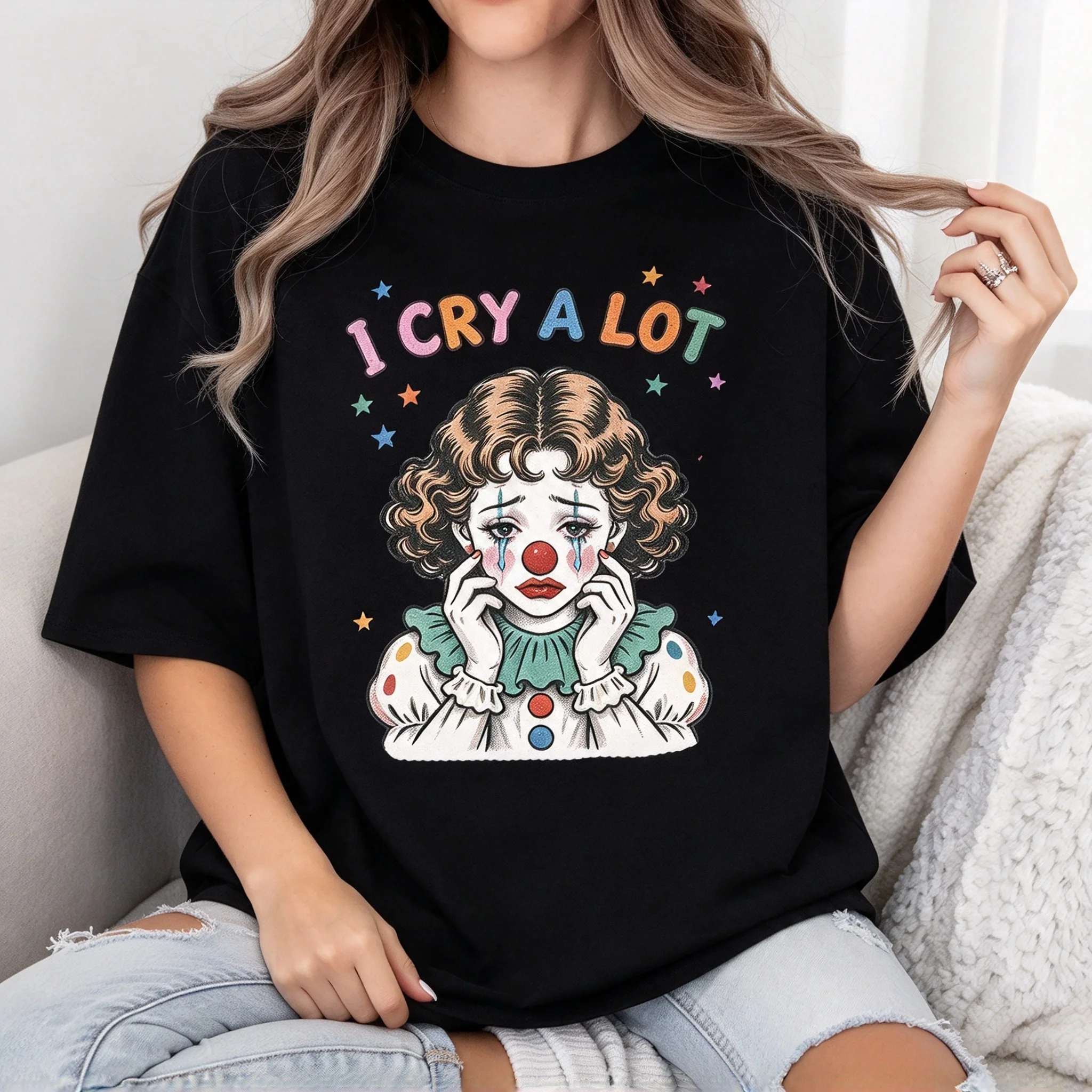 I Cry A Lot Clown Graphic T Shirt Women Crew Neck Short Sleeve Tee Vintage Sad Clown Print Casual Top