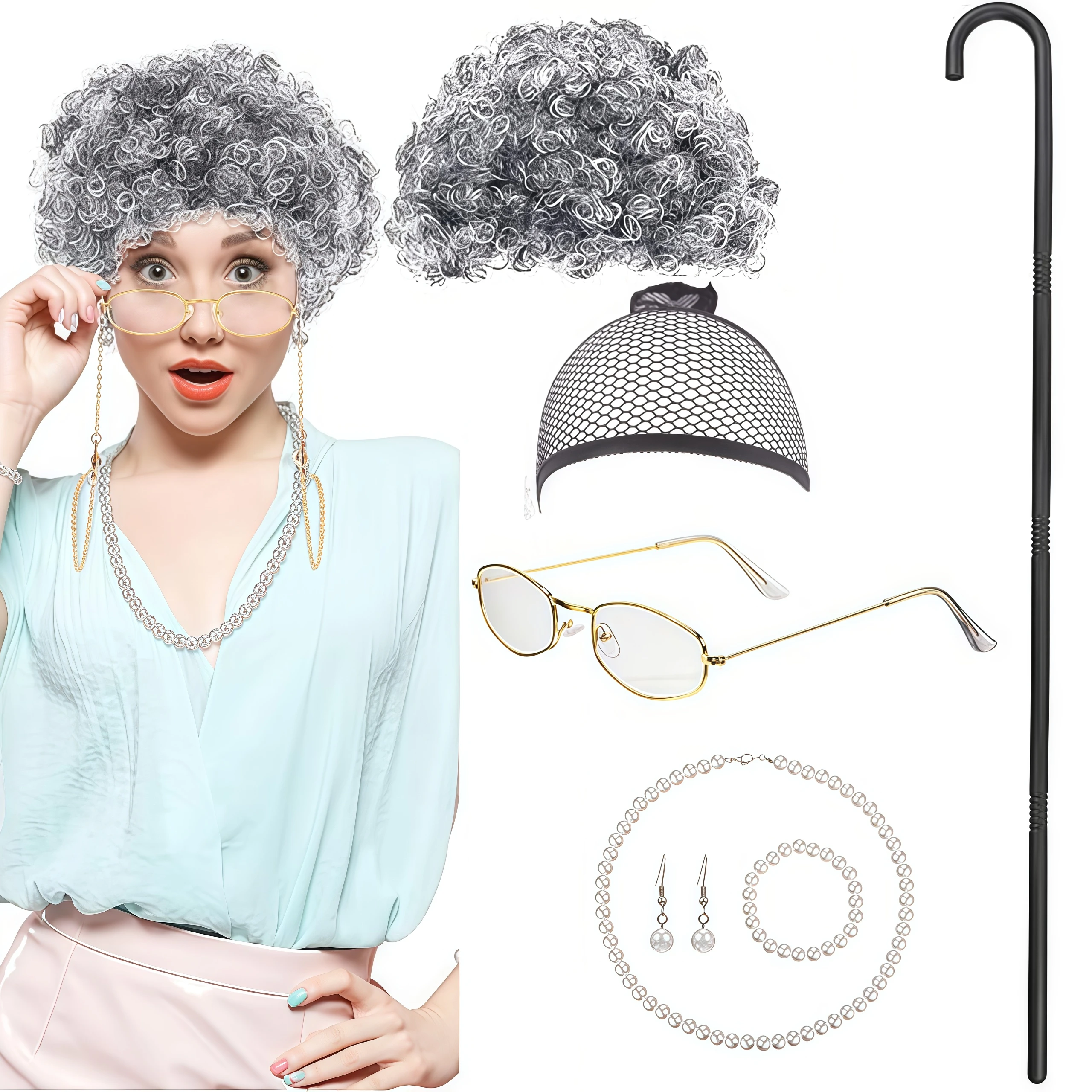 Zestaw Akcesoriów dla Starszej Pani, Babci, Dziadka, 100 Dni Szkoły, Przebranie dla Dzieci, Maskarada, Halloween, Karnawał, Cosplay, Występ, Rekwizyty dla Starszego Pana