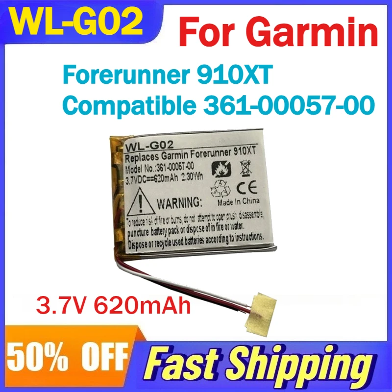 

WL-G02 3.7V 620mAh Sports Watch Lithium-ion Battery for Garmin Forerunner 910XT Compatible 361-00057-00 Batteries