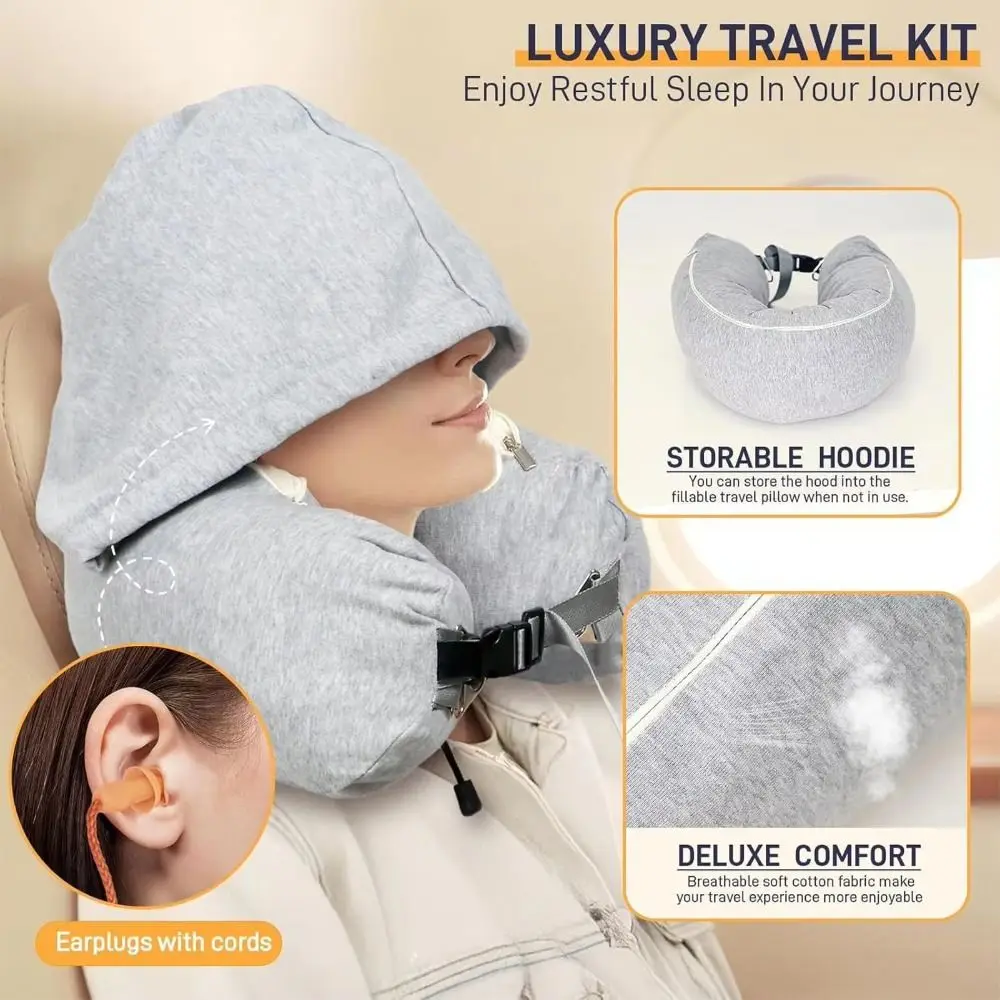 Fillable Travel Neck Pillow with Hood Light-blocking Nap Pillow with Storage Pouch Neck Support Airplane Neck Pillow