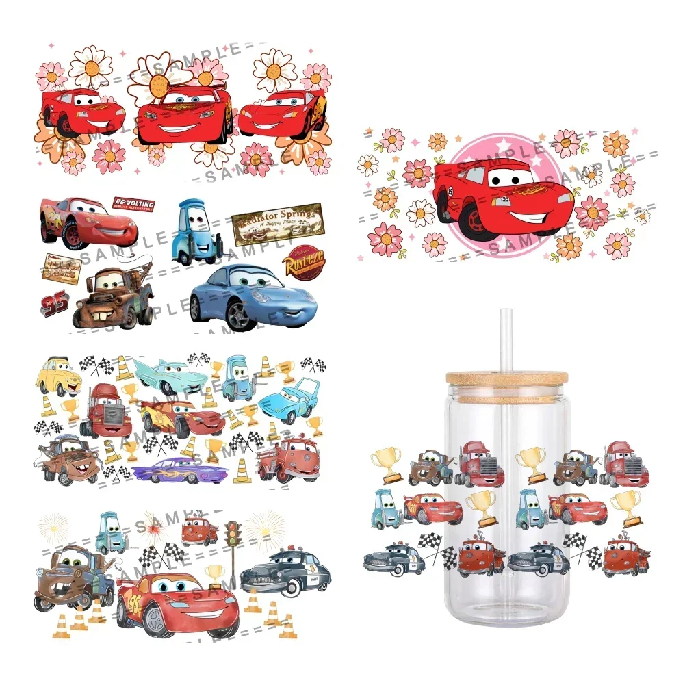 Disney filme carros relâmpago mcqueen uv dtf transferência adesivo à prova dwaterproof água transferências decalques para 16oz copo de vidro envoltório adesivos