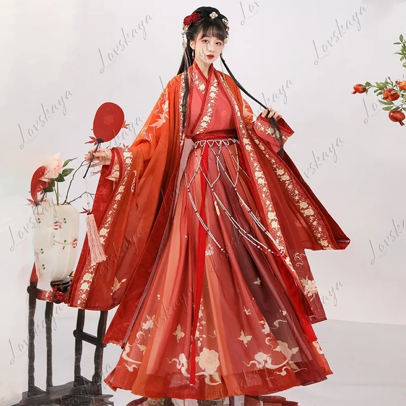 Chinese Style Hanfu Women Fairy Ancient Costume Phoenix Butterfly Three Pieces Set Daily Casual Big Sleeve Robe