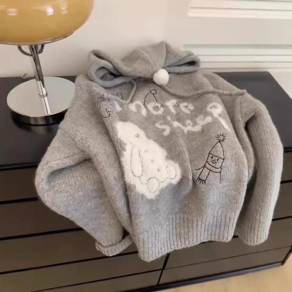 

Women Hooded Knitting Sweater 2025 Autumn Winter Women's Pullover Gray Hooded Knit Thickened Outerwear & Base Layer