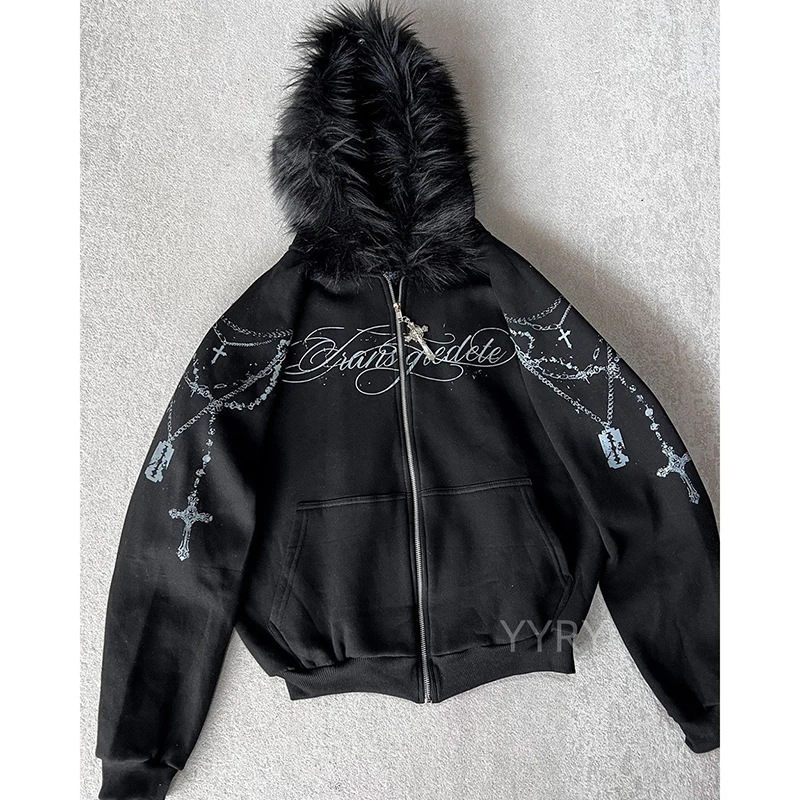 هاي ستريت هوديي غير رسمي فضفاض طباعة سستة الرجال المرأة الخريف الشتاء سترة الشارع الشهير الموضة