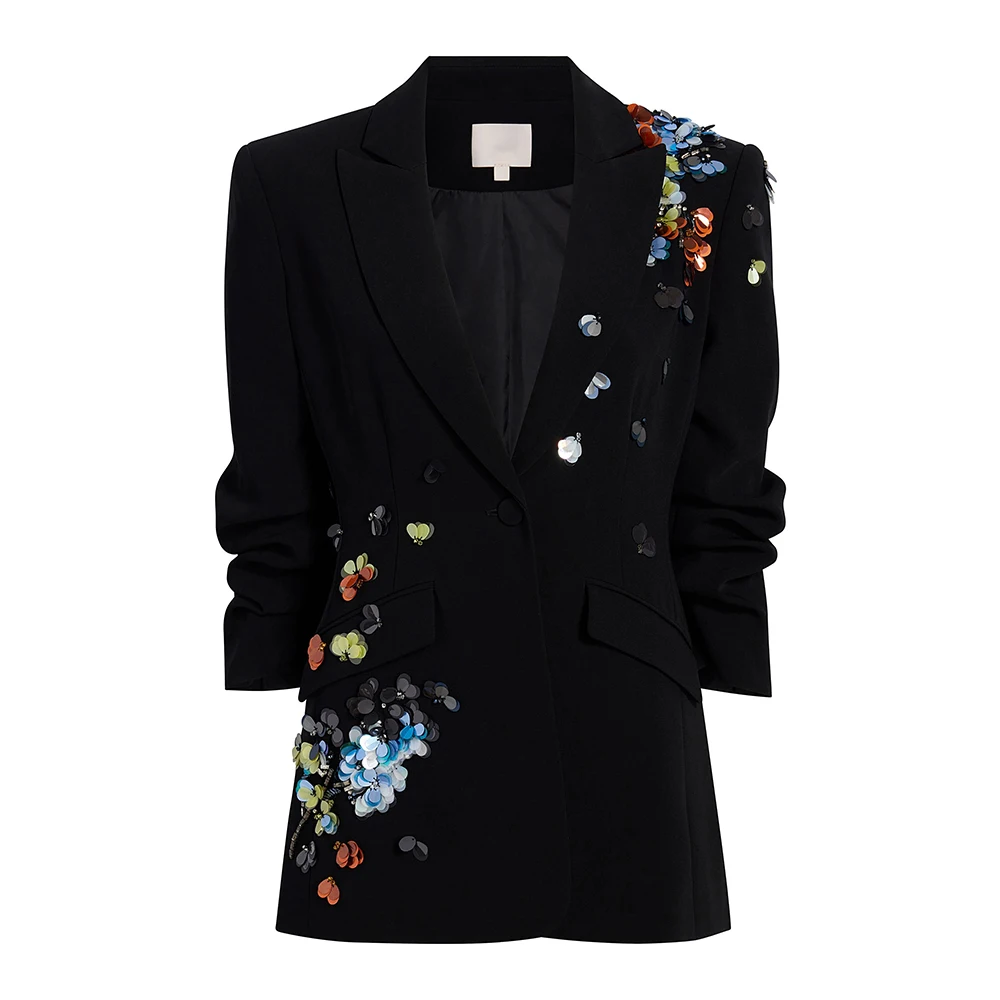 Blazers de lentejuelas empalmadas estilo TWOTWINSTYLE con cuello con muescas de manga larga Casual, Blazer adelgazante de estilo femenino a la moda