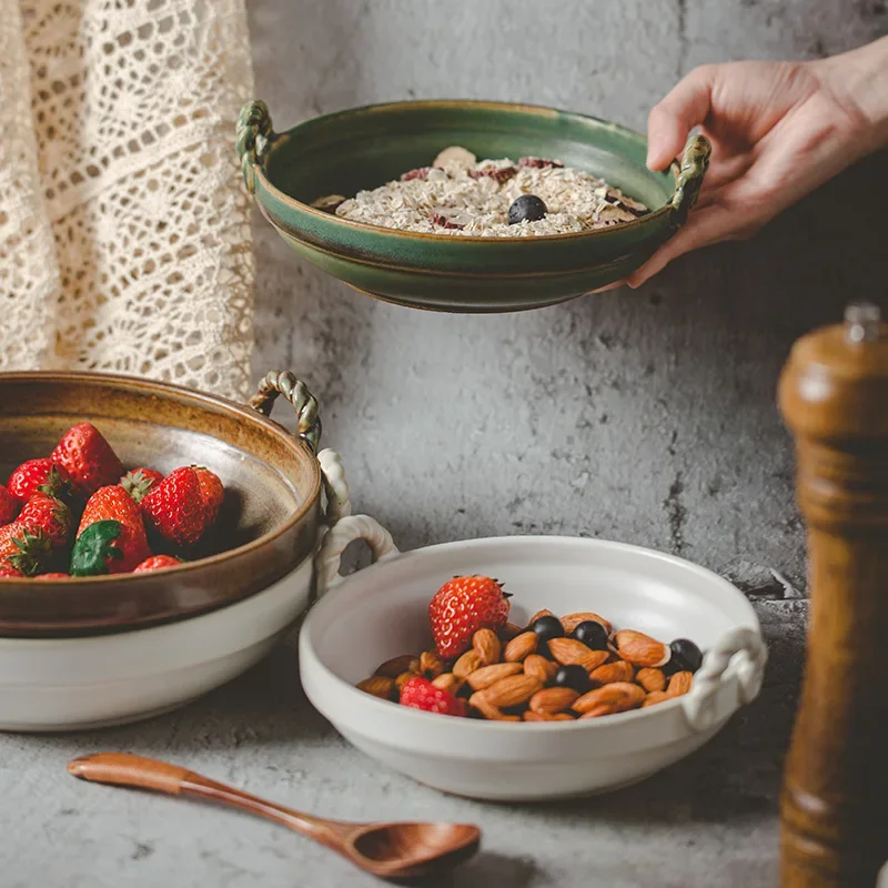 

Stone Pottery Double-eared Tray Japanese Retro Ceramic Dish Household Fruit Plate Soup Plate U8W4N3