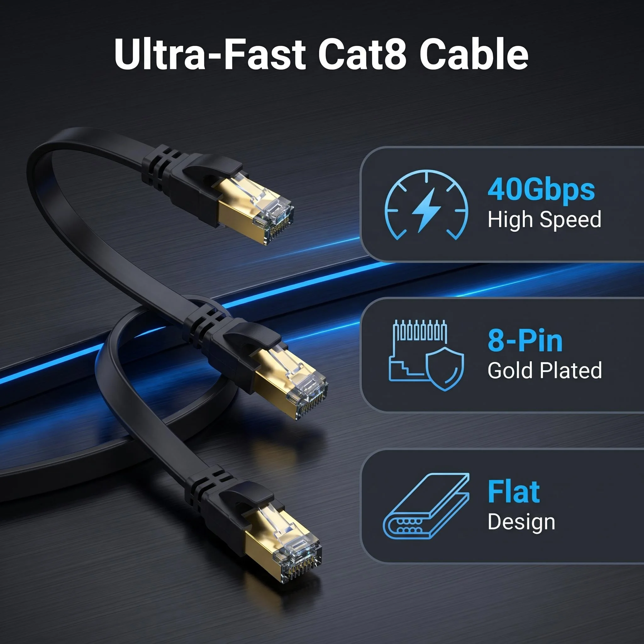 CAT8 Flat Ethernet Cable 40Gbps 2000MHz RJ45 Internet Network Cable Shielded Patch for PC Modem Laptop PS5 Router