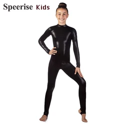 Children Shiny Metallic Spandex Unitard Long Sleeve Turtle Neck Dance Suit Stirrup Bodysuits Hollween Catsuits for Stage Cosplay