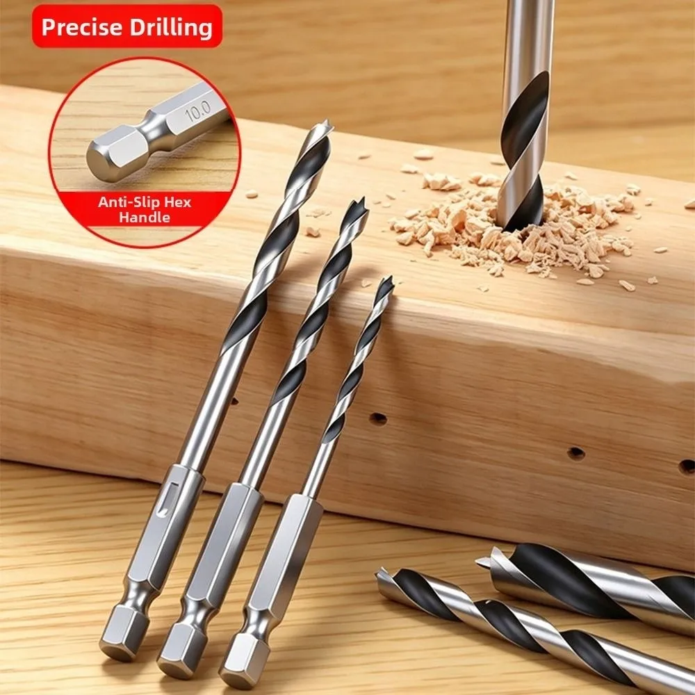 3-10mm Woodworking Drill Bit Hex Shank High Hardness Hole Drilling Tool Three-Pointed Spiral Flute Twist Drill Bit