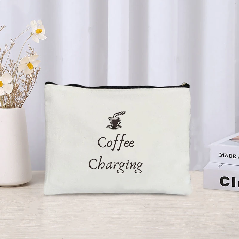 Coffee Charging Pattern Canvas Makeup Bag Funny Toiletry Bag Trend Gift for Coffee Lover Cosmetic Case Coffee Is Power Wallet