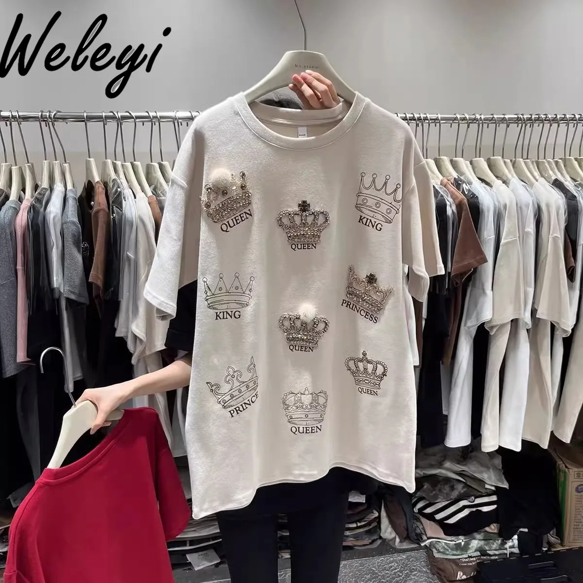 Large Size Crown Rhinestone Thickened T-shirt Woman 2025 Summer New Women's Diamonds Short Sleeve Polished Mid-length Tee Top