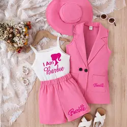 Barbie 4Pcs Children Girls Sleeveless Suits Anime Kawaii Kids Vest Shorts Suit Jacket Hat Princess Summer Clothes Birthday Gifts