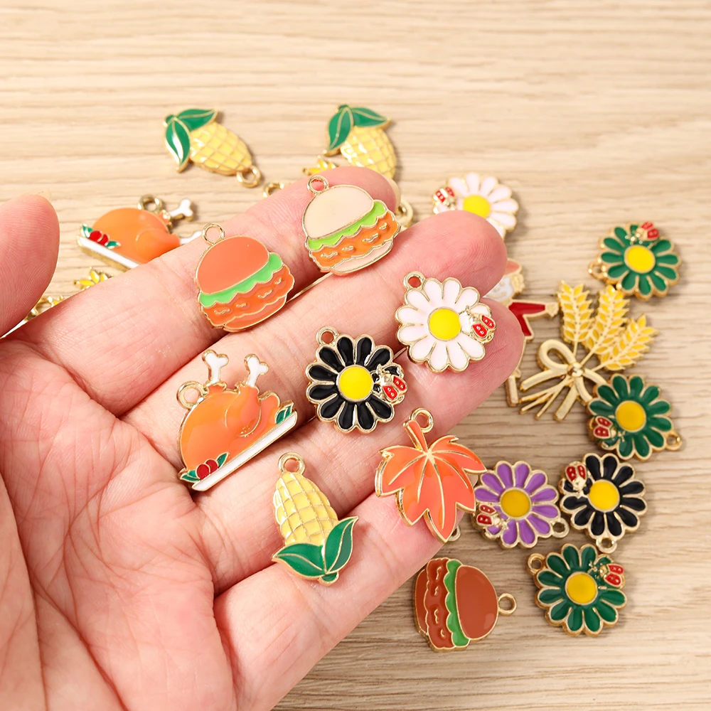 Tusember 10 Stück Emaille-Anhänger in Form von Ahorn, Mais, Truthahn, Kürbis und Blumen für DIY Armband- und Halsketten-Schmuckherstellung – Detail 4