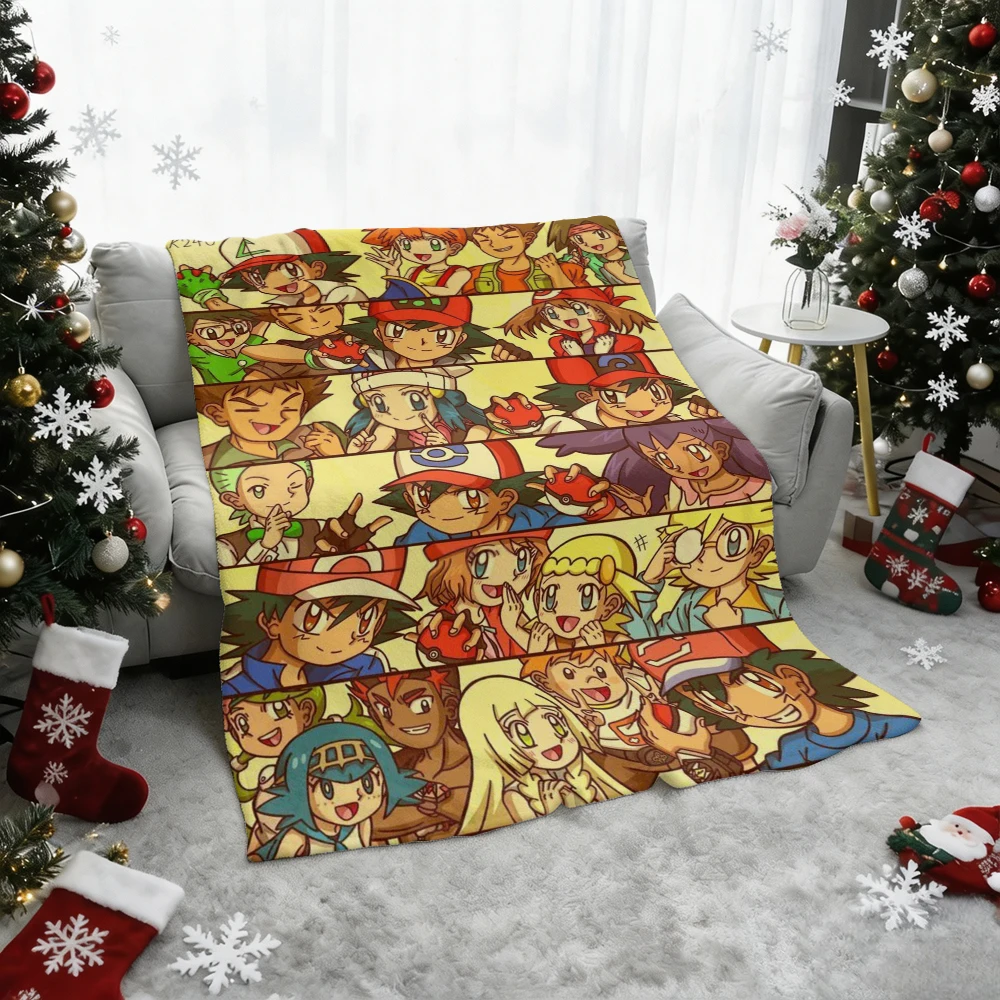 Pokemon Ash Misty May Dawn Serena Lillie Flannel Throw Blanket Soft Warm Cartoon Blanket for Sofa Bed Home Decor Kids Gift