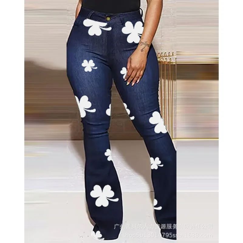 

Women Flared Wide Jeans Sexy Pants Y2K INS Clothes Sweatpants Women Fashion Casual High Waist Clover Print Trousers