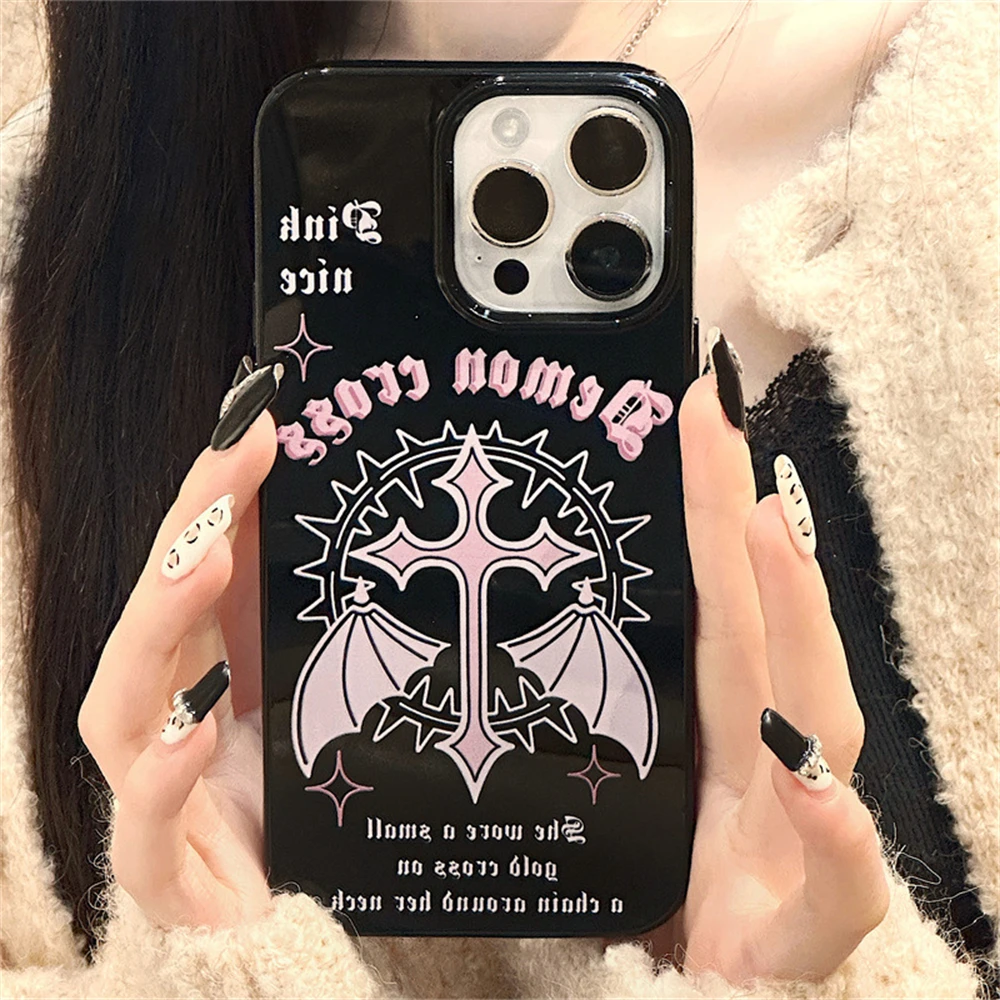 Y2k Korean Cute Pink Wings Case For iPhone 15 14 13 12 11 Pro Max Mini X XR 7 8 Plus SE Glossy Shockproof Soft Black TPU Cover