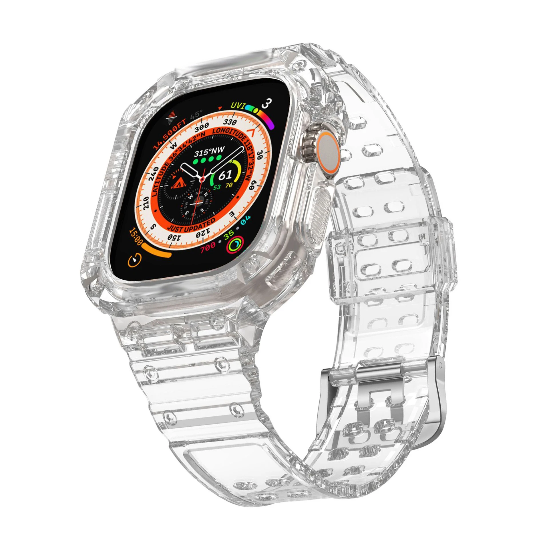 Dedicated for Apple Watch Ultra 2/3 (49mm) – Clear Silicone Band + Hard Protective Bumper All-in-One Cover Set