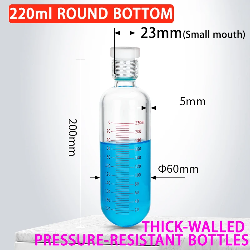 220-1000ml thick-walled pressure-resistant bottle with round bottom, screw-top glass colorimetric tube with scale PTFE