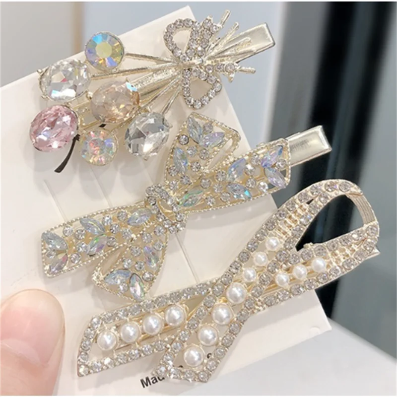 2024 internet celebrity hot hair clip girl bow pearl crystal edge clip temperament side duckbill clip hair accessory