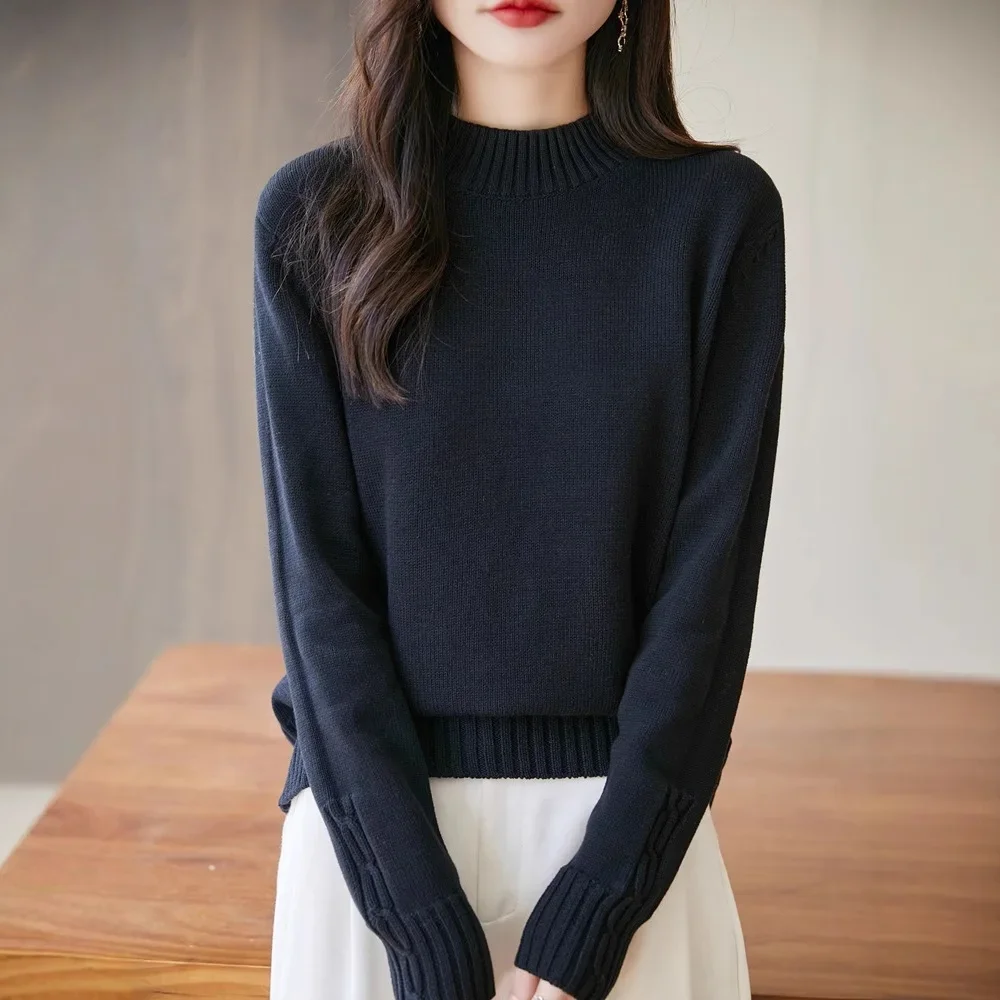 

Women's Solid Color Twist Flower Base Shirt Top Loose Long Sleeve Knitted Sweater Half High Collar Pure Cotton Thread