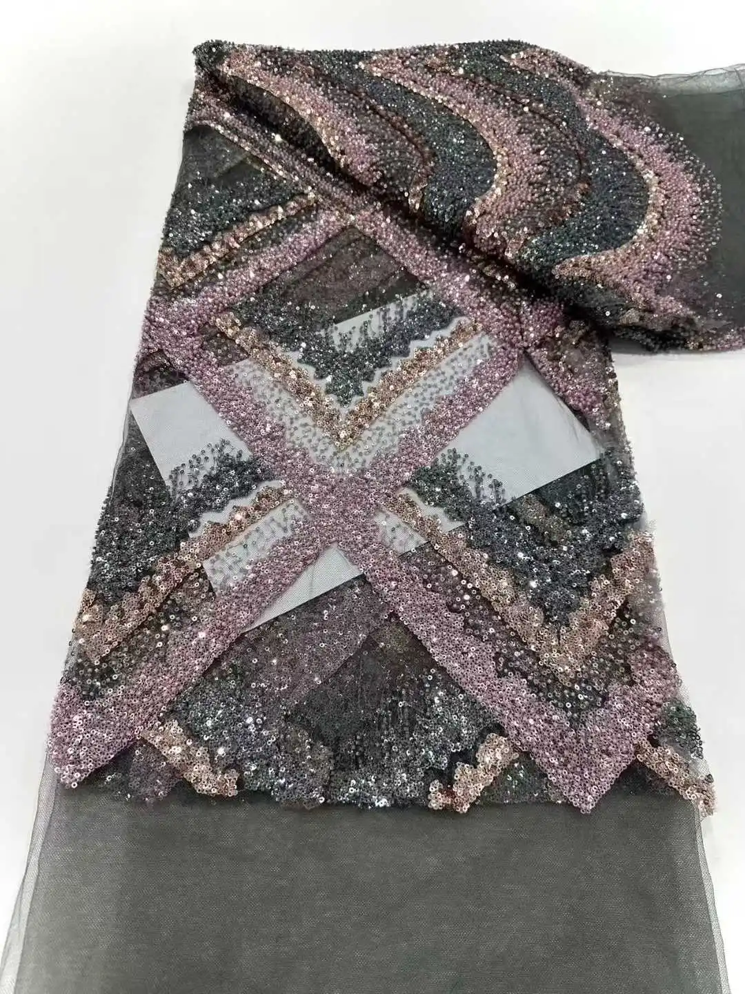 

Luxurious African Beaded Net Mesh Lace Fabric 2025 Beads Embroidery Sequins French Tulle Lace for Nigerian Wedding Party Dress