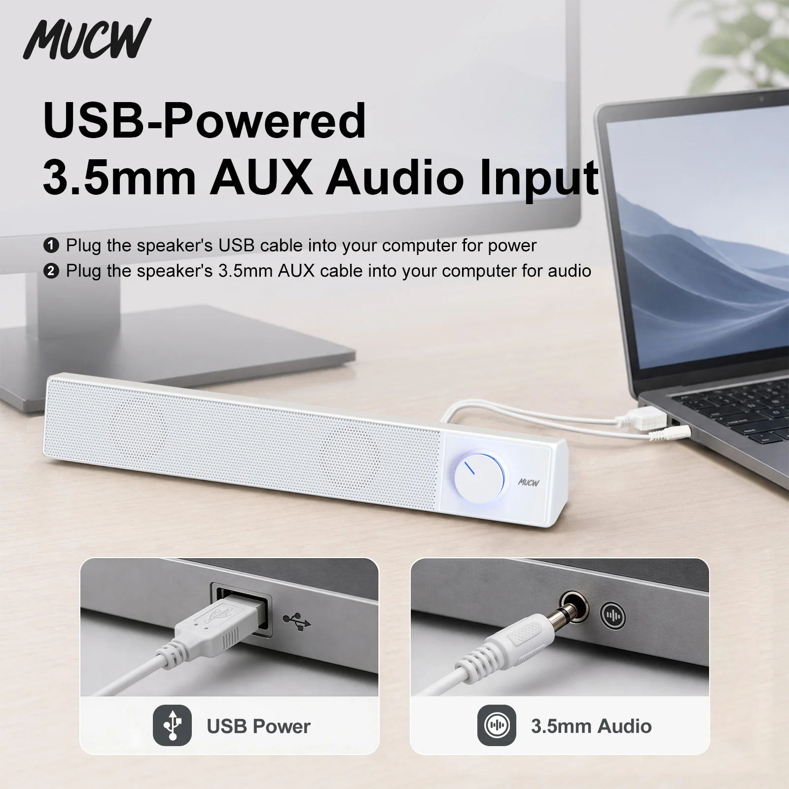 MUCW MU‑C12 Wired Computer Soundbar 6W Stereo Desktop Speaker USB Powered 3.5mm AUX Input Sound Bar For Laptop Monitor PC Office Home view 5