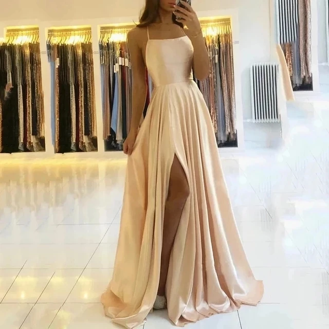 

ANGELSBRIDEP Champagne Evening Dresses Spaghetti Straps Backless Simple Prom Party Robe De Soiree Longue Dresses Formal Dress