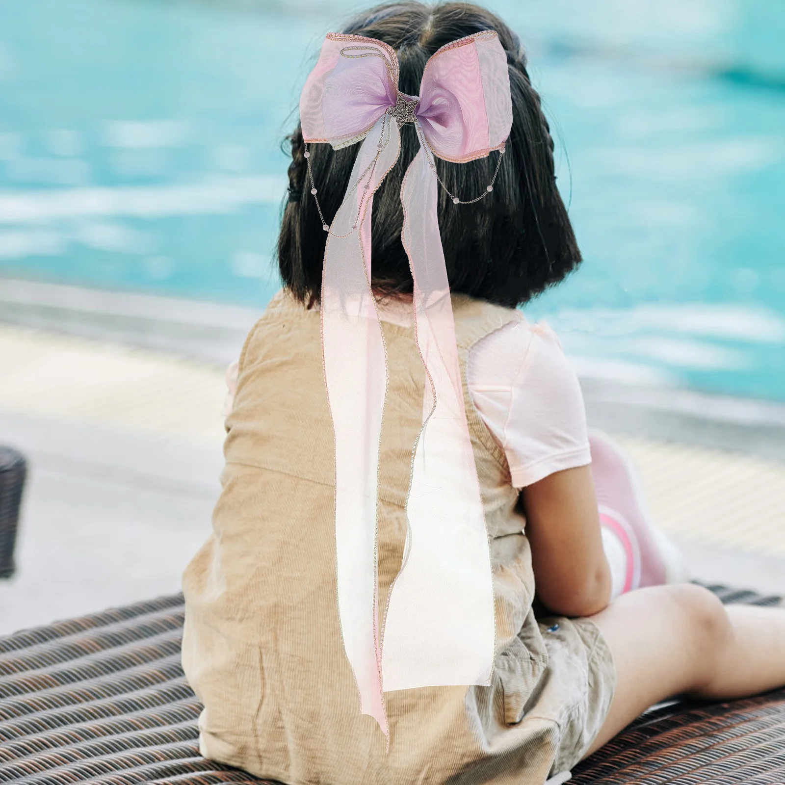 2 قطعة مقاطع القوس فراشة قسط النسيج الانحناء للنساء مشبك شعر شريط طويل أنيق إكسسوارات الشعر حفل زفاف #4