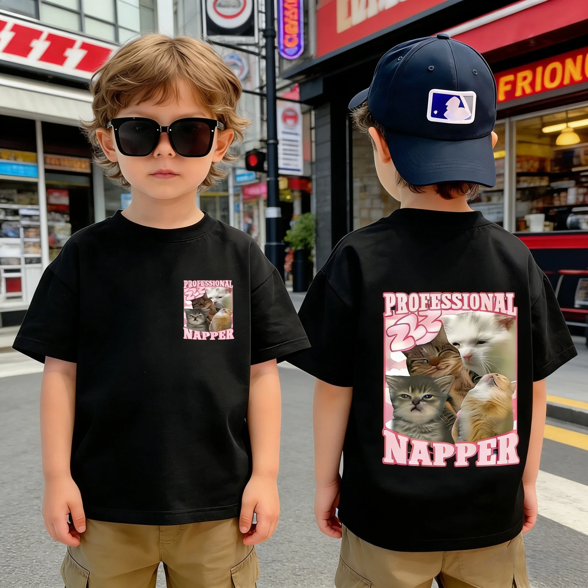 Napping Expert Cat Print Loose Kids Short Sleeve T-Shirt Cotton Soft Machine Washable for Outdoor Sports Daily Play