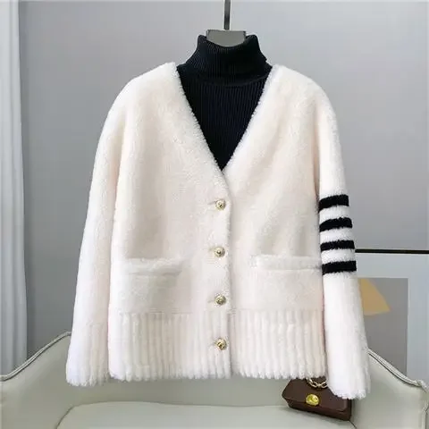 

Real Natural Sheep Shearing Fur Coat Autumn Winter Fashion Luxury Knitted Fur Coat Women Buttons Long Sleeve Streetwear F75