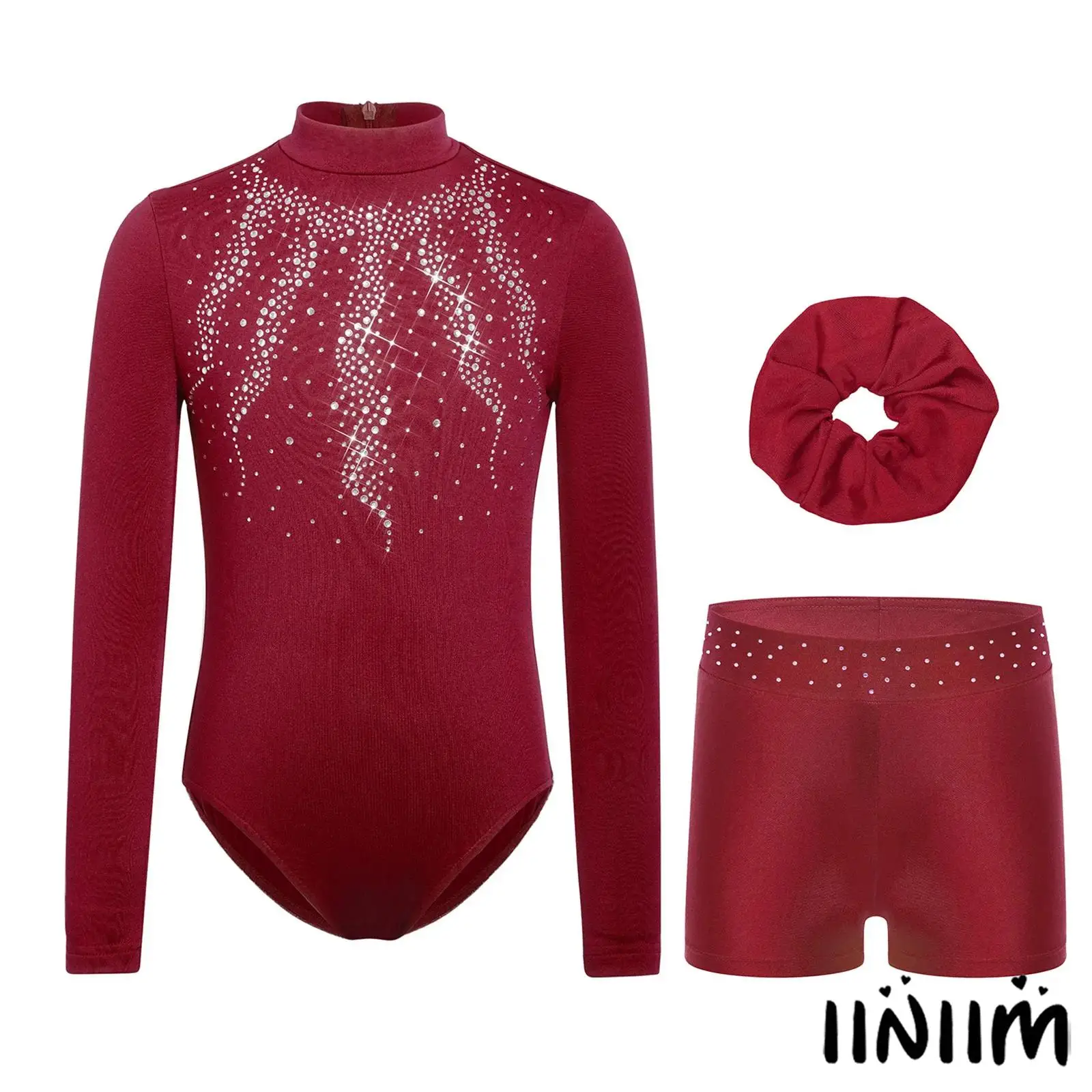 

Kids Girls 3 Pcs Jazz Gymnastics Dance Outfit Long Sleeve Shiny Rhinestone Thin Fleece Lined Leotard with Shorts And Hair Band