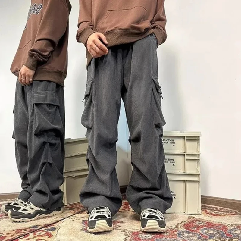 コーデュロイカーゴパンツ レディース Y2K ハイウエスト ストリートウェア ルーズ マルチポケット スウェットパンツ ビーフィット ヒップホップ カジュアル ストレートパンツ