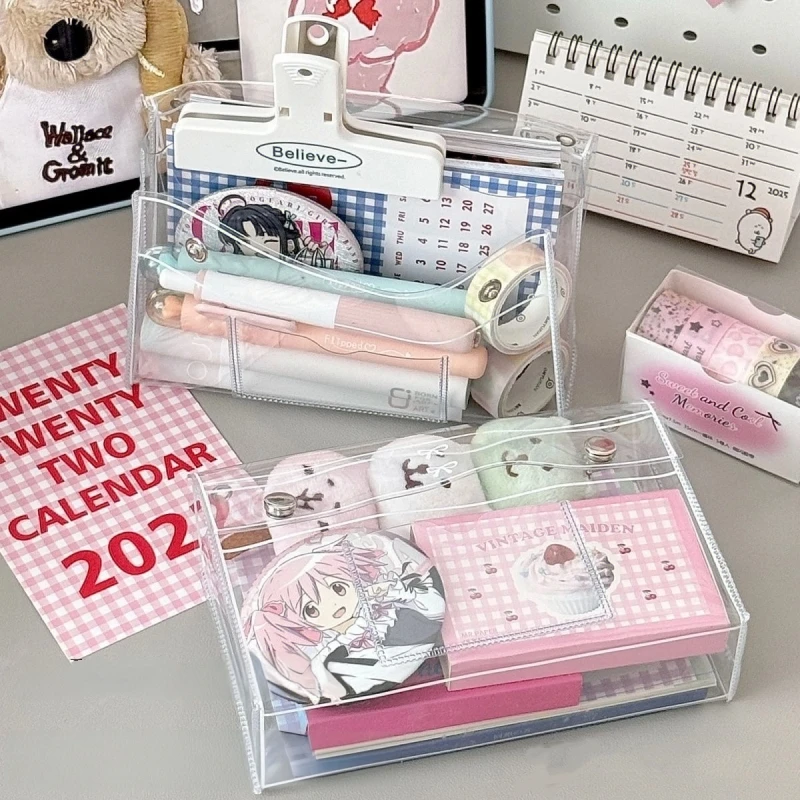 

Transparent Button Pencil Case Large Capacity Vertical Simple Ins Style Student Card Binder Sticky Notes Organizer Makeup Bag