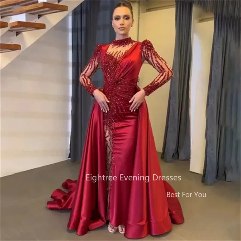 Eightree-Vestidos de Fiesta de sirena rojo oscuro de lujo, vestido de noche de satén de encaje con lentejuelas, vestidos formales de Dubái con cuentas, mangas largas personalizadas