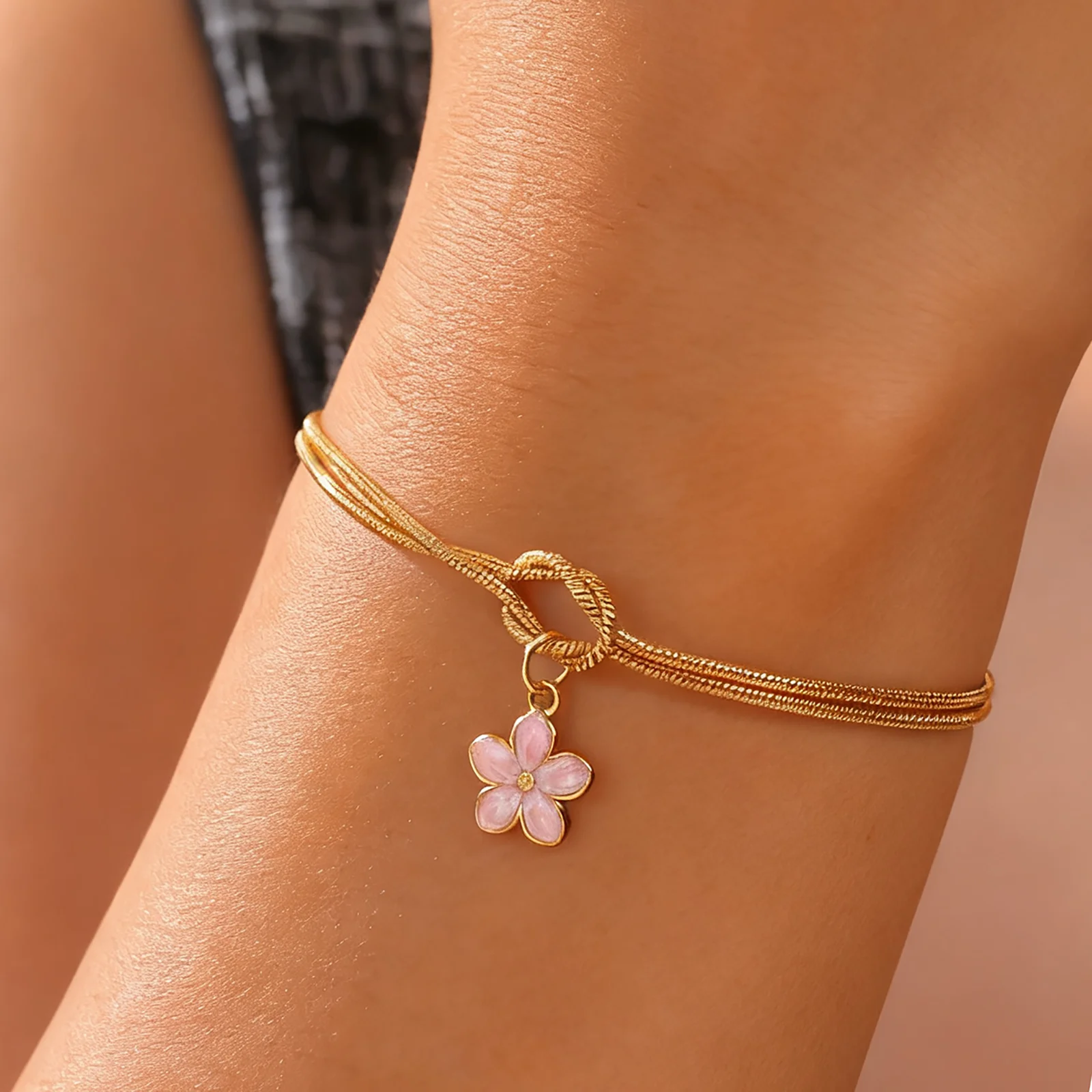 Emaille Blume Charm Armband Edelstahl Gold Farbe Einstellbar Liebe Knoten Doppel Schlange Kette Frauen Kirschblüte Schmuck