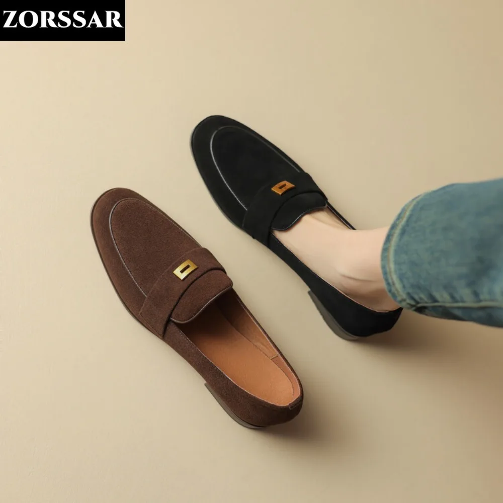 2024 Zamszowe mokasyny damskie Summer Walk Loafers Brown Genuine Leather Slip On Flats Shoes Round Toe Soft Ballet Flats Casual Shoes