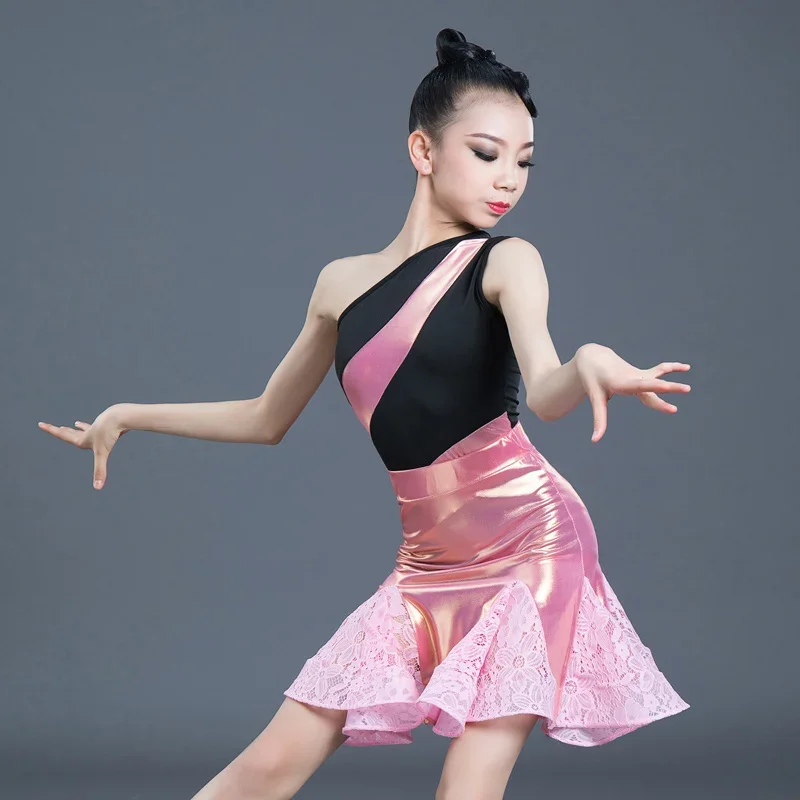 New Latin Dance Costume Children Girl Latin Skirt Summer Style Performance One Shoulder Latin Dance Dress Sets Black Pink Lace