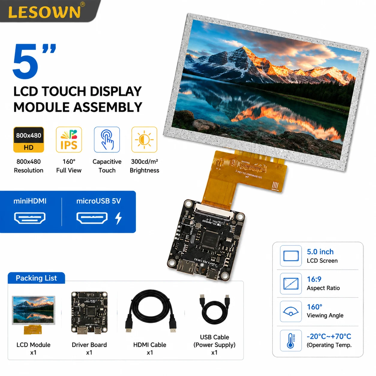 LESOWN 5 Inch LCD Display Module No‑Driver‑Needed 800x480 Panel With Drive Board DIY Retro Arcade Industrial Secondary Monitor