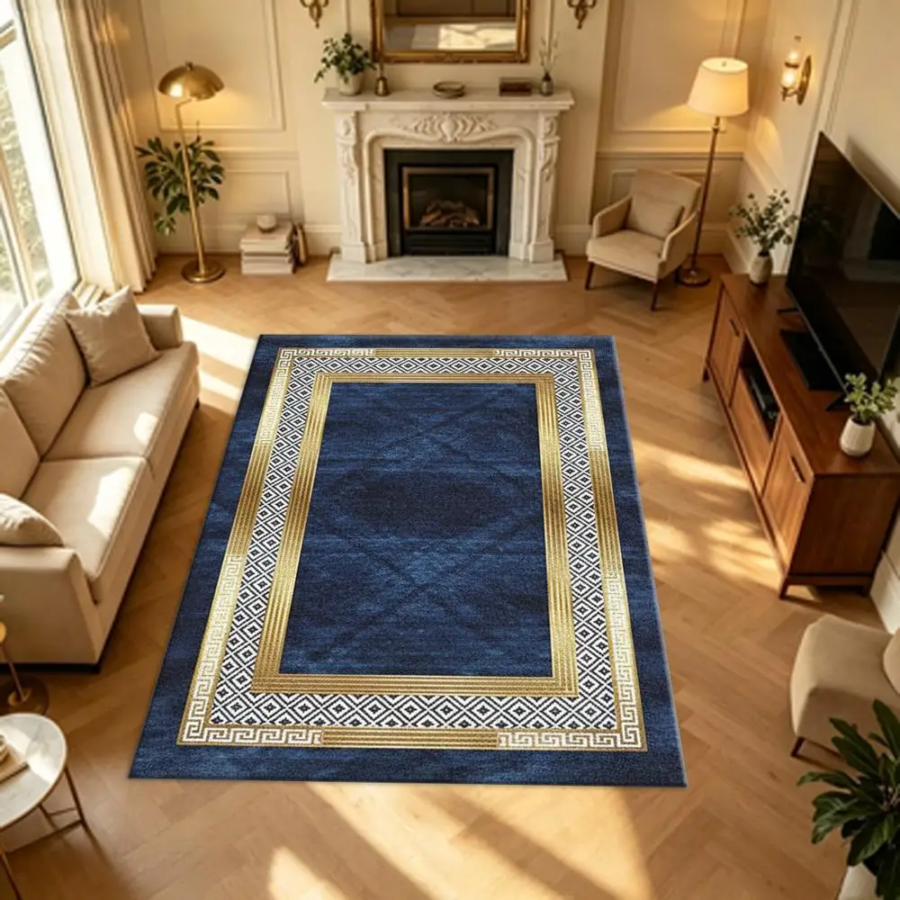 Navy Blue Gold Frame Border Carpet Flooring Elegant Rectangle Area Rug for Home Decoration