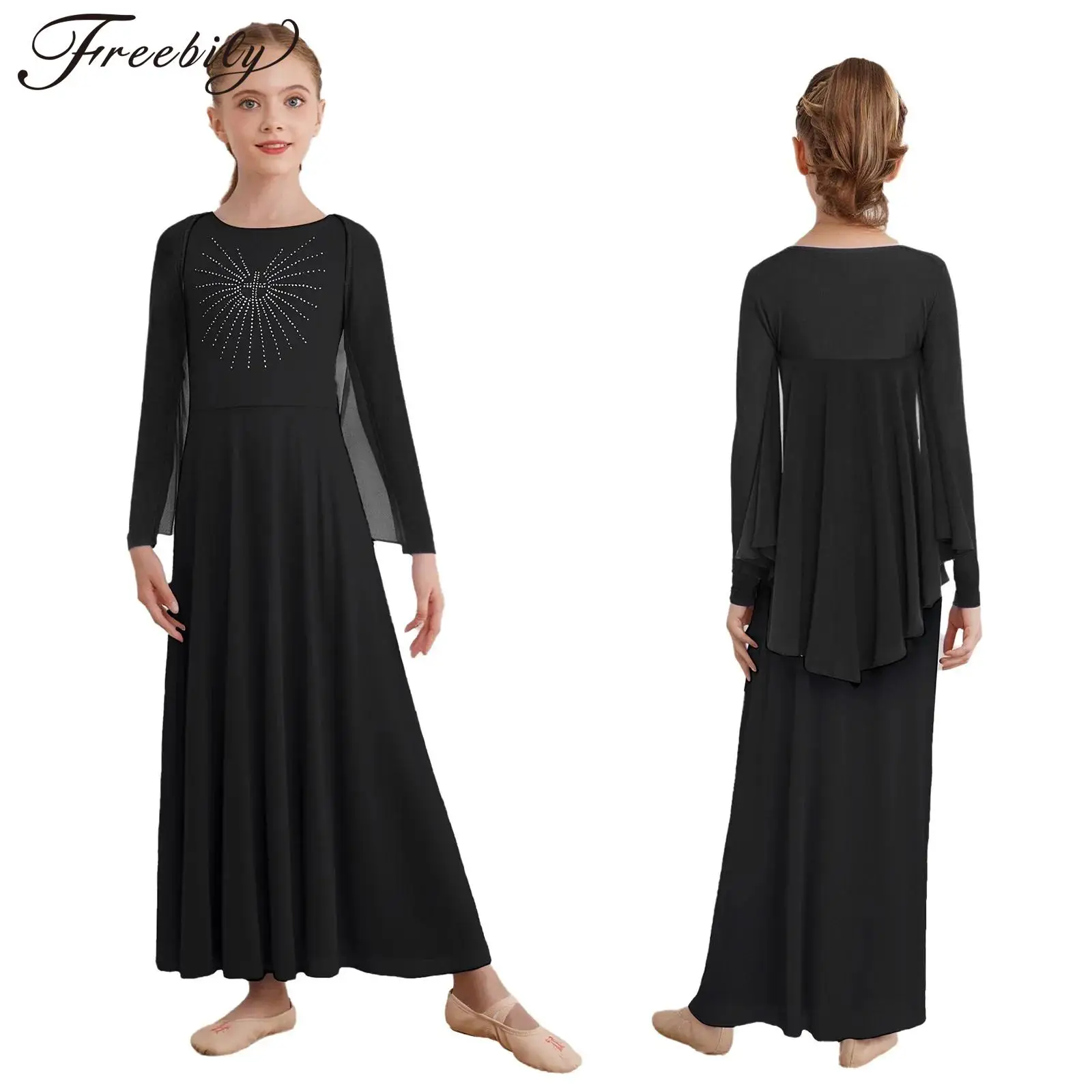 6-16Y الفتيات الليتورجية العبادة الكنيسة جوقة الثناء الرقص الغنائي الزي طويلة الأكمام لامعة حجر الراين واسعة فستان محكم من عند الصدر ويتدلى بشكل واسع مع شال #1