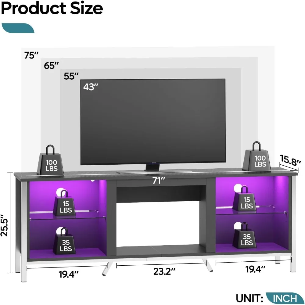 حامل تلفزيون 75 بوصة مع مركز ألعاب LED لجهاز PS5، أرفف قابلة للتعديل وأضواء LED، تصميم حديث