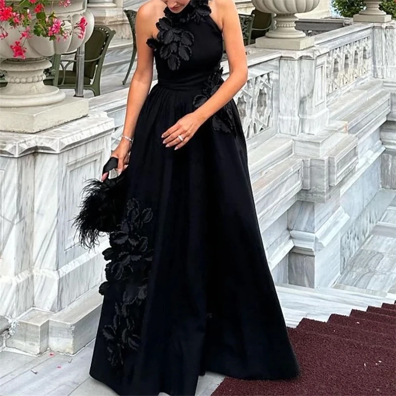 

Customized Elegant Black Halter Formal Evening Dresses 3D Flower Applique A-Line Prom Dresses robe de soirée 2026