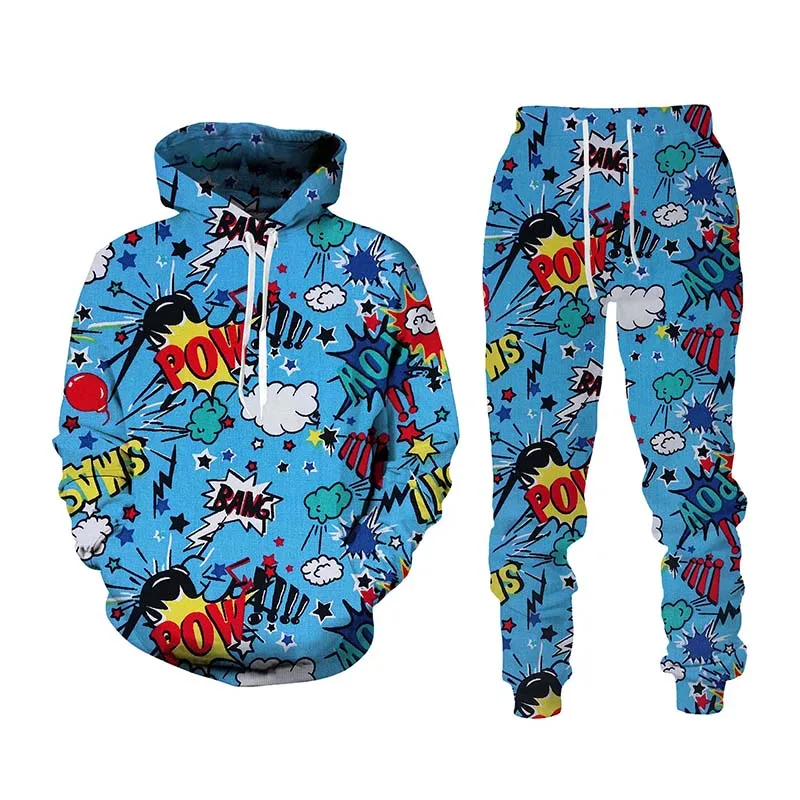 New Hip Hop 3d Cartoon Printed tuta Set uomo donna felpa con cappuccio + pantaloni 2 pezzi Set moda Sportwear primavera autunno Pullover