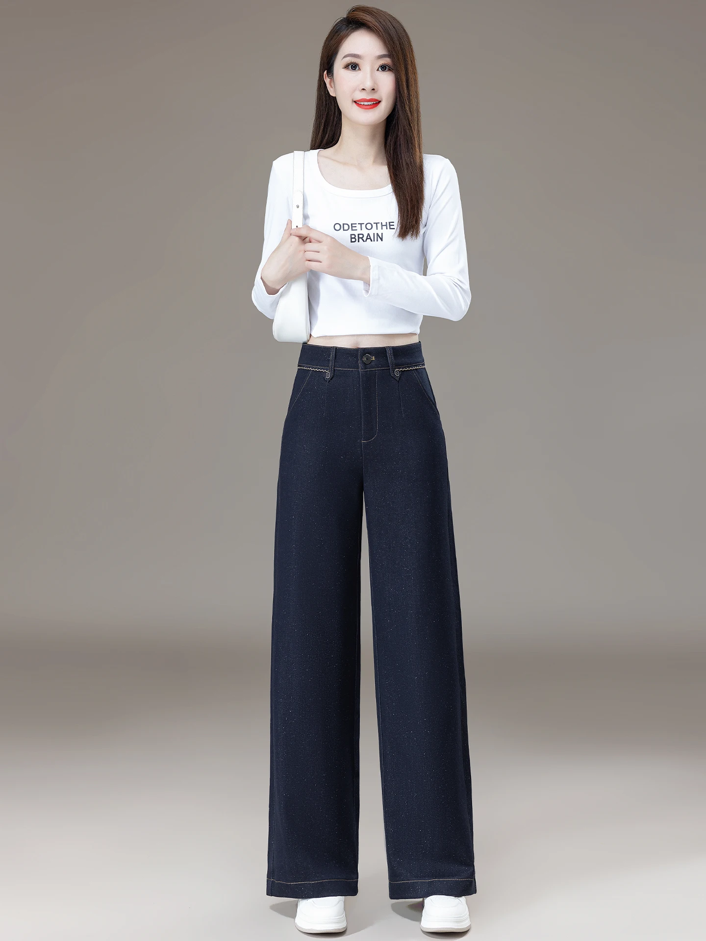 Slim Wide Leg Pants Women's Casual Straight Cut High Waist Loose Fitting Slimming Drapey Denim Look Sequin Patchwork