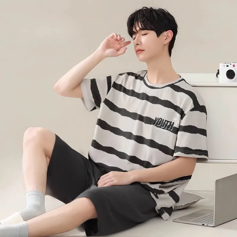 Pajamas Men's Summer Short Sleeve Shorts Sleepwear Cotton Simple Nightwear Youth Casual Striped loungewear set pyjama homme