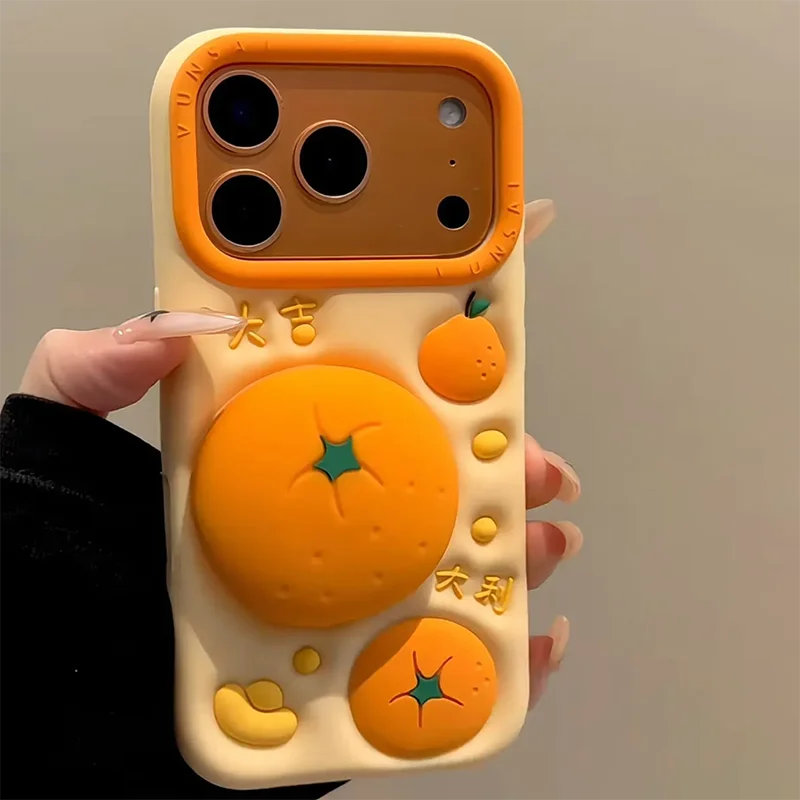 3D Orange Stand Phone Case For iPhone 17 Pro Max 16 15 Pro 13Pro Max 14 Pro Max Cases Catroon Funny Shockproof Cover