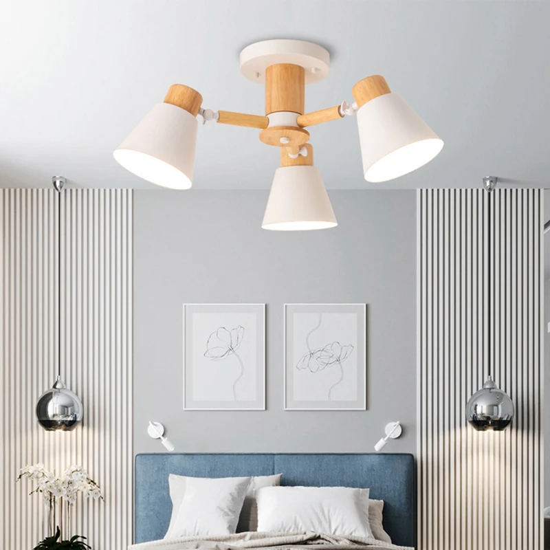 Nordic solid wood chandelier living room E27 bulb ceiling lamp bedroom chandelier lamp hotel restaurant modern lamp lighting